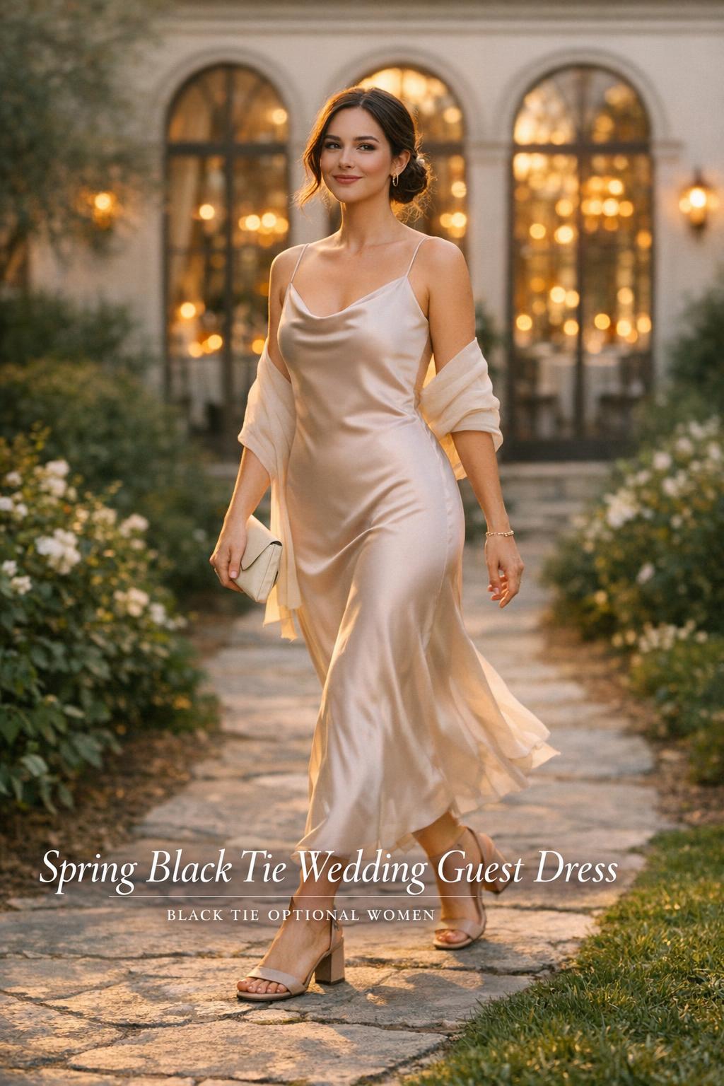 Woman walking at golden hour in a spring black tie wedding guest dress, champagne satin gown with clutch by garden venue