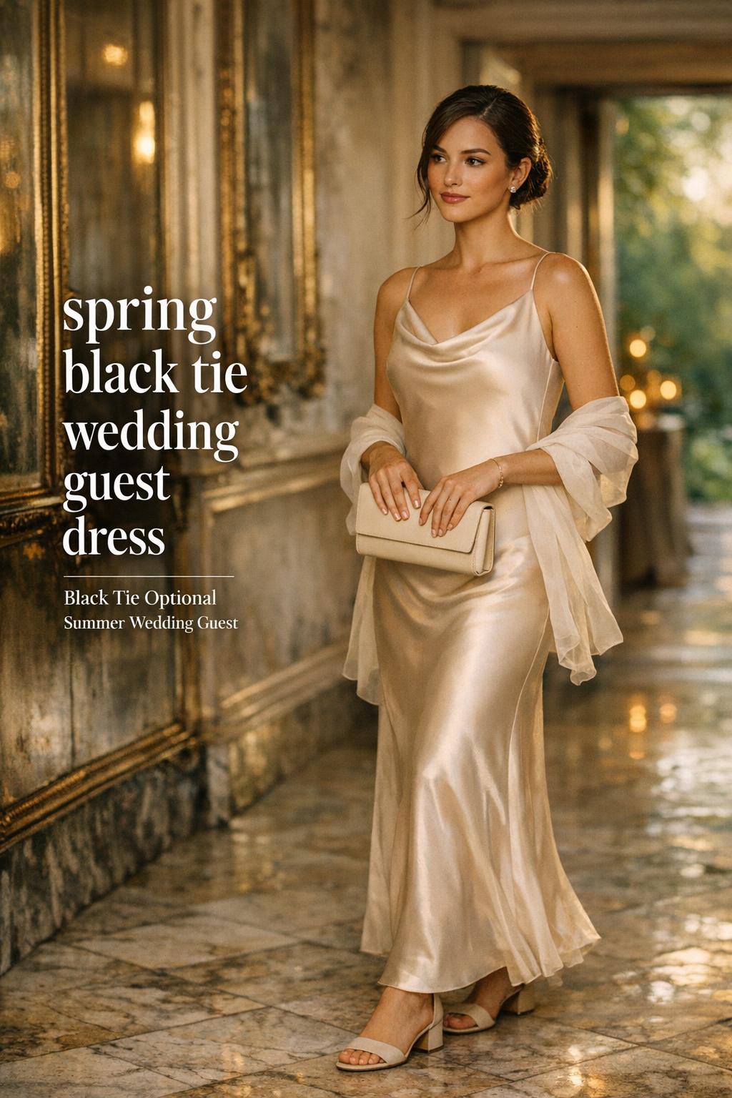 Spring black tie wedding guest dress in champagne satin, elegant woman in mirrored gallery at golden hour with garden bokeh