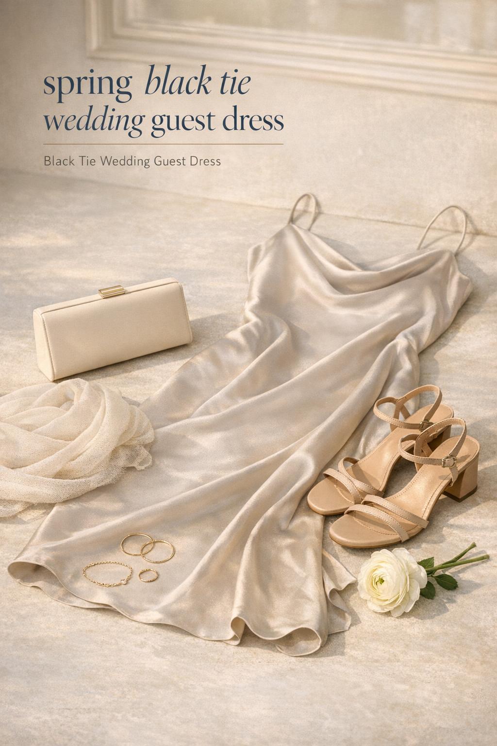 Spring black tie wedding guest dress flat lay with champagne satin slip gown, clutch, sandals, wrap and gold jewelry.