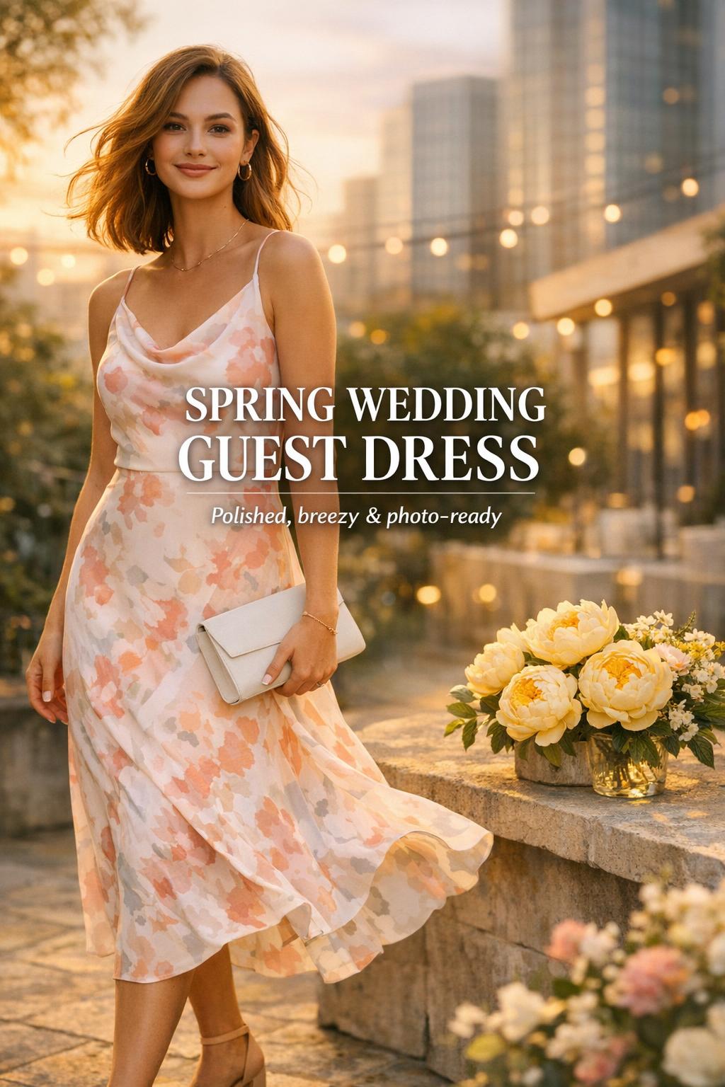 Woman in a spring wedding guest dress holding a clutch beside yellow peonies on a golden-hour garden terrace