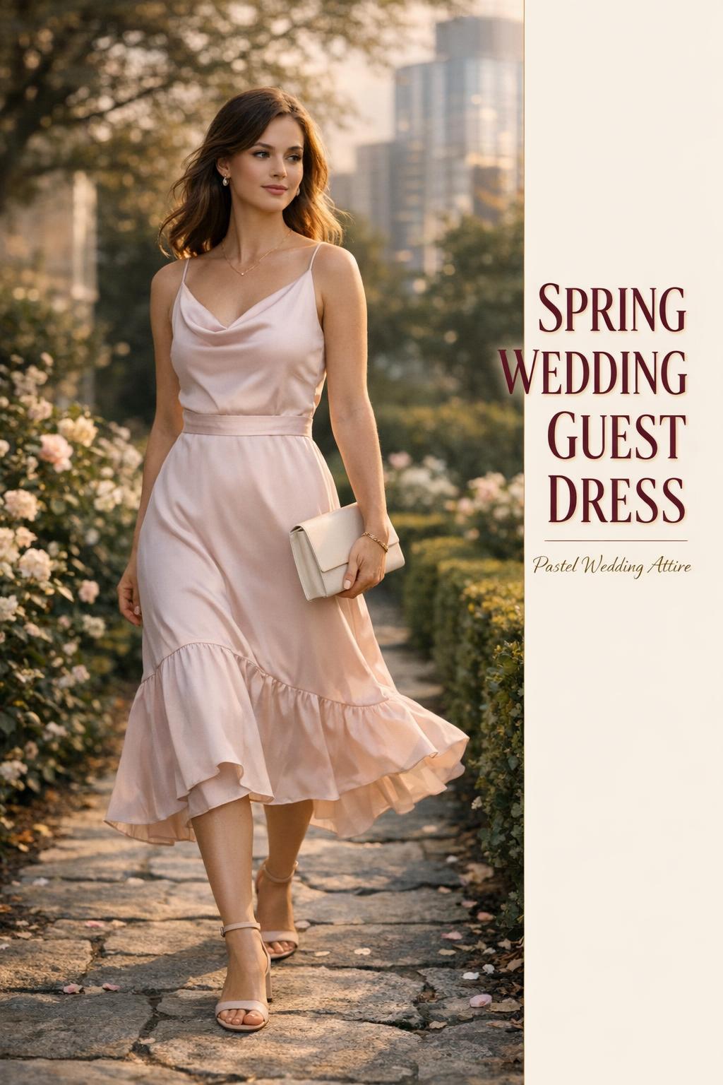 Spring wedding guest dress in pastel satin worn by a stylish woman walking a blooming garden path near a city venue