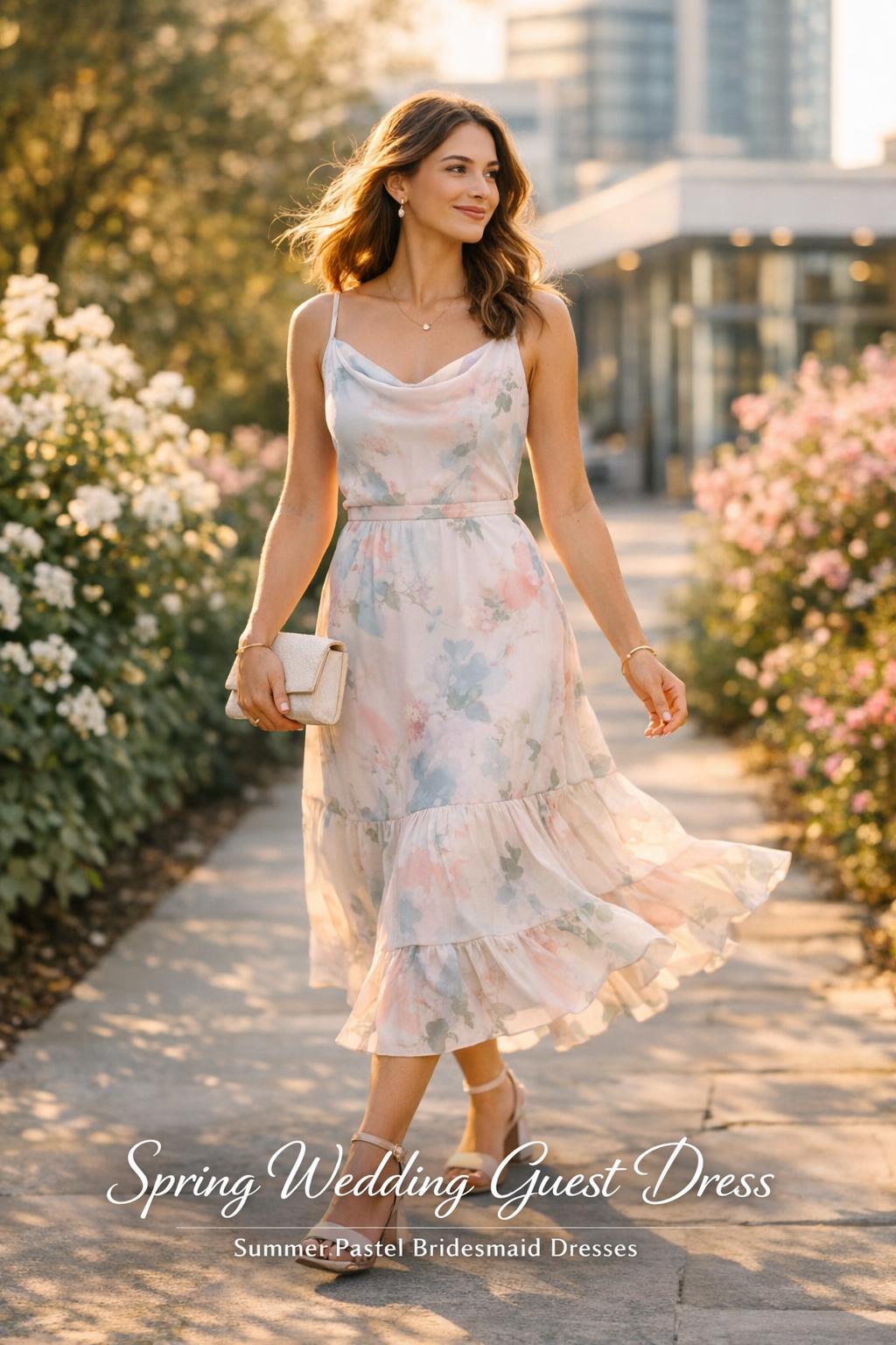 Stylish woman walking at golden hour in a spring wedding guest dress, pastel satin midi with cowl neck on garden-city walkway