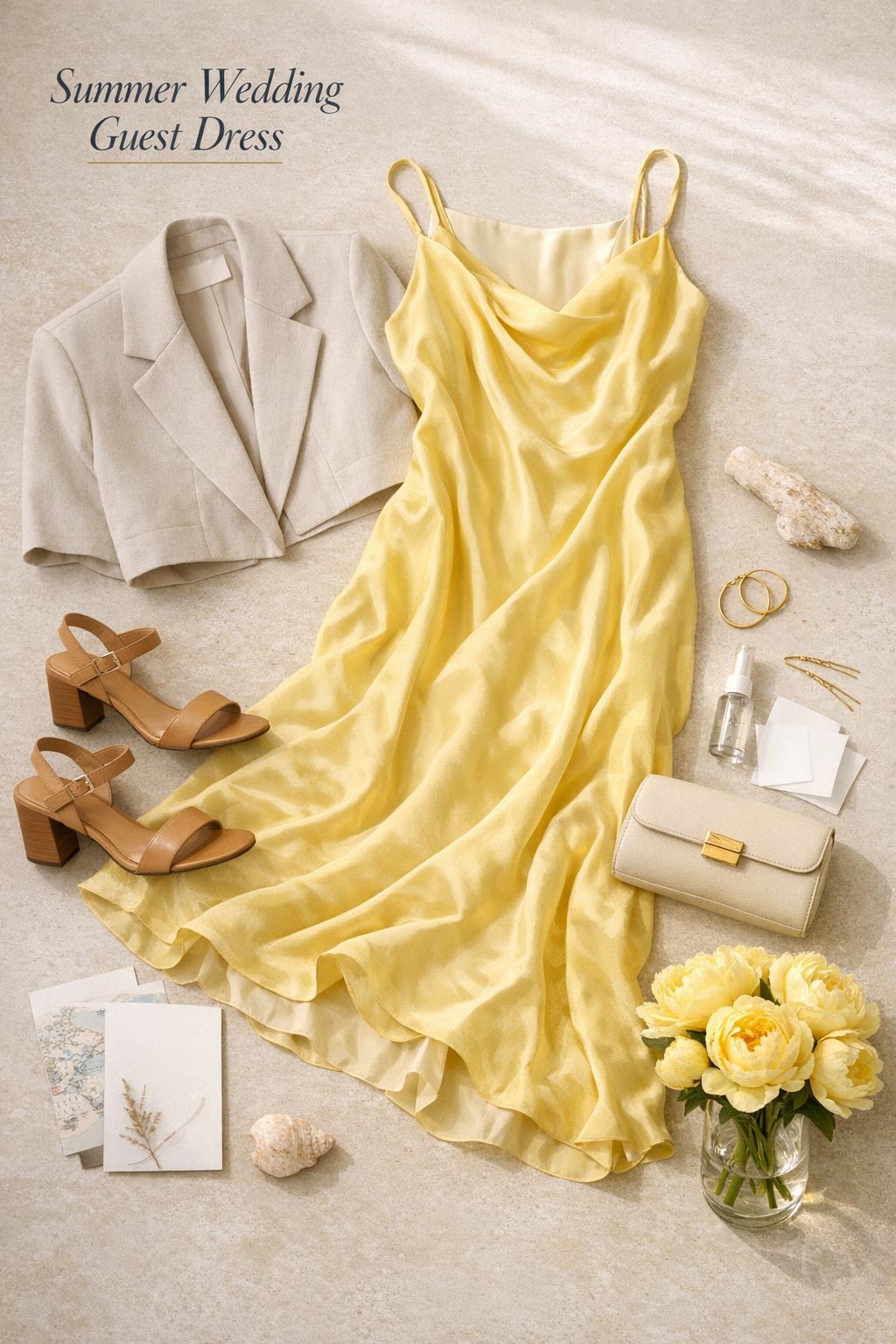 Summer wedding guest dress flat lay with yellow silk maxi dress, beige blazer, accessories, invitation and yellow peonies