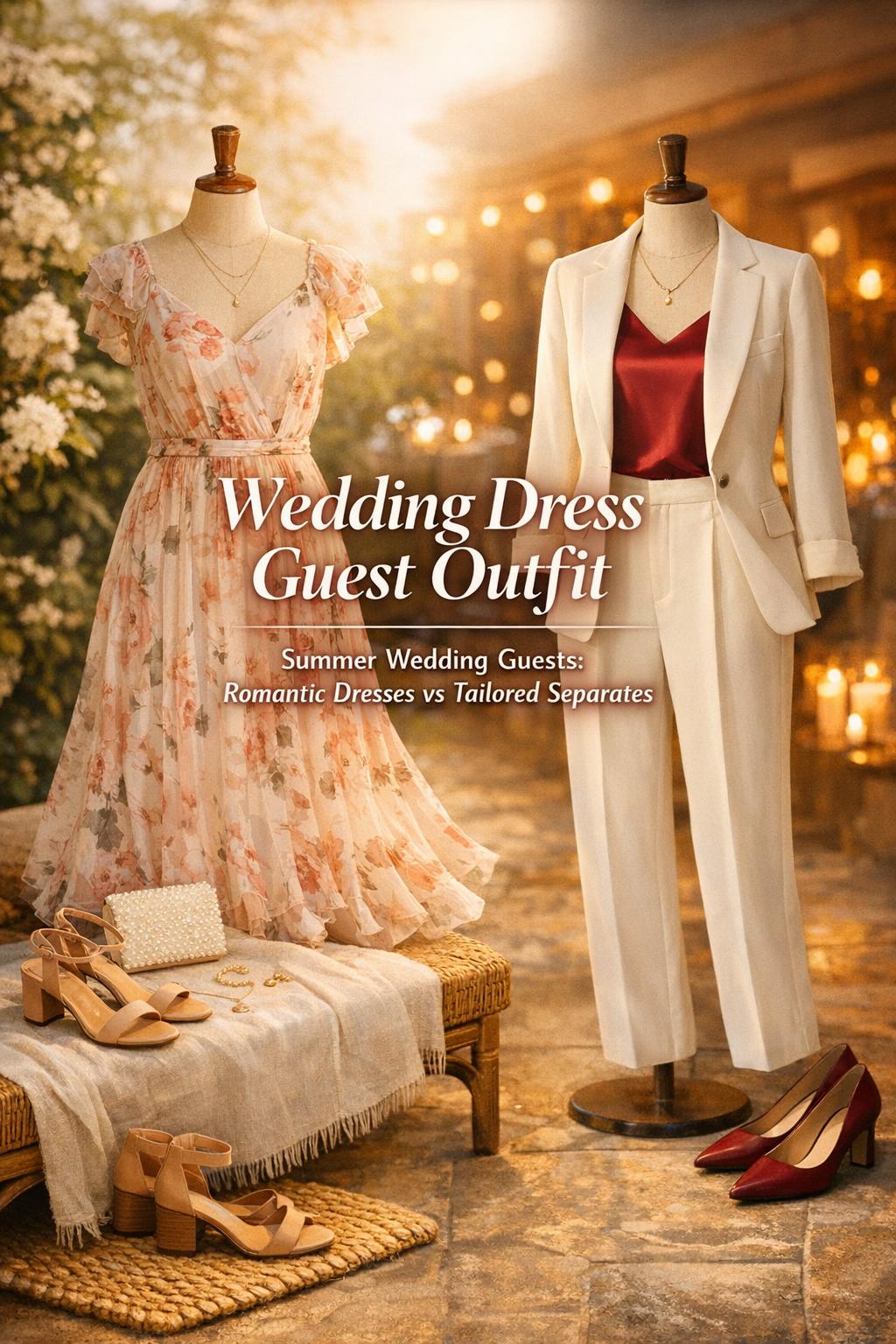 Wedding dress guest outfit styling with romantic floral dress and tailored separates in warm golden-hour wedding setting