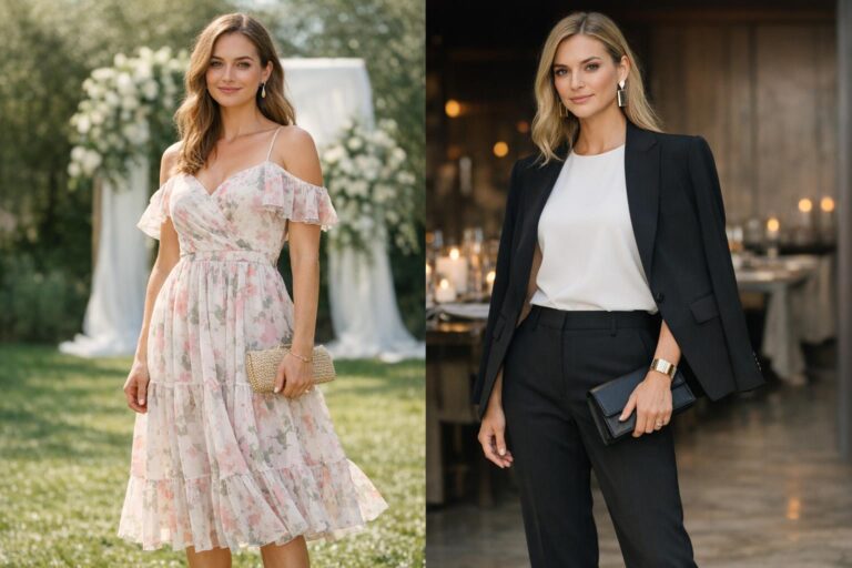 Wedding dress guest outfit comparison with romantic floral midi dress and tailored suit for formal and cocktail venues