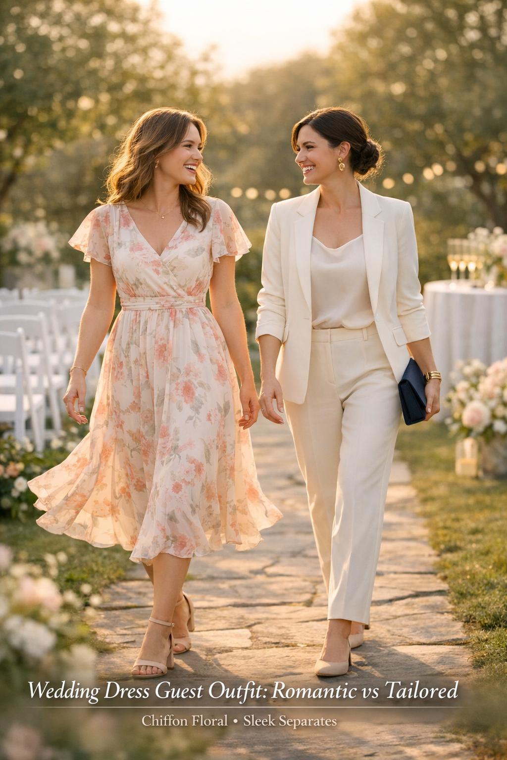 Wedding dress guest outfit inspiration with two friends in romantic chiffon floral dress and tailored blazer-trouser look at golden hour