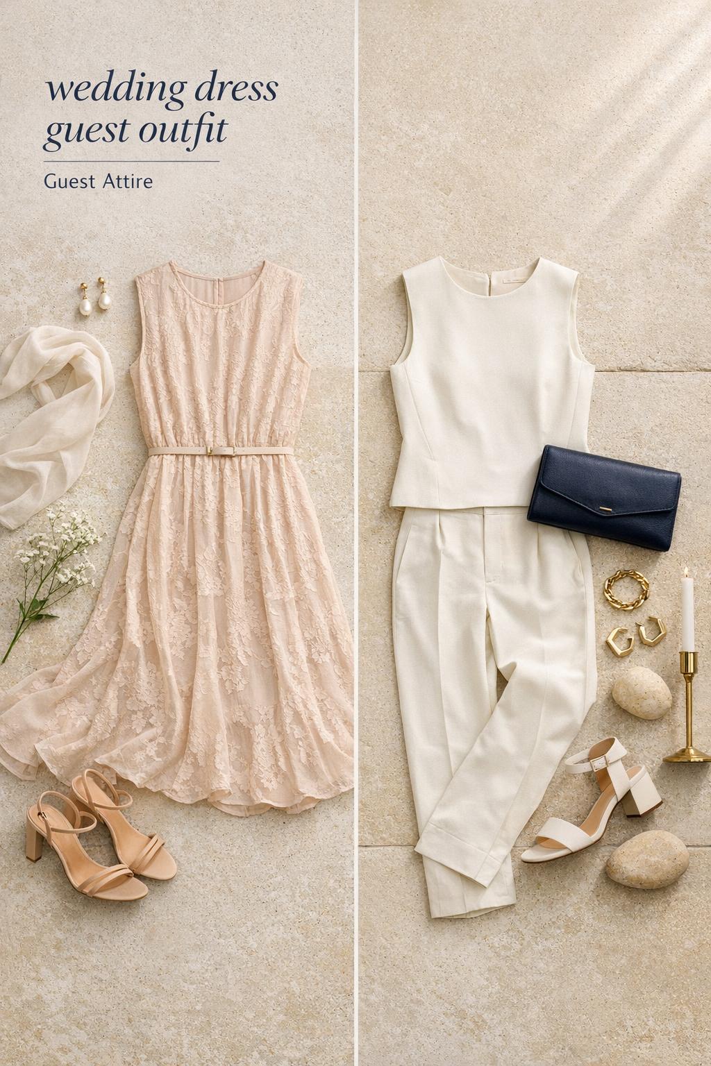 Wedding dress guest outfit split styling with romantic blush dress and tailored ivory separates on neutral stone floor.