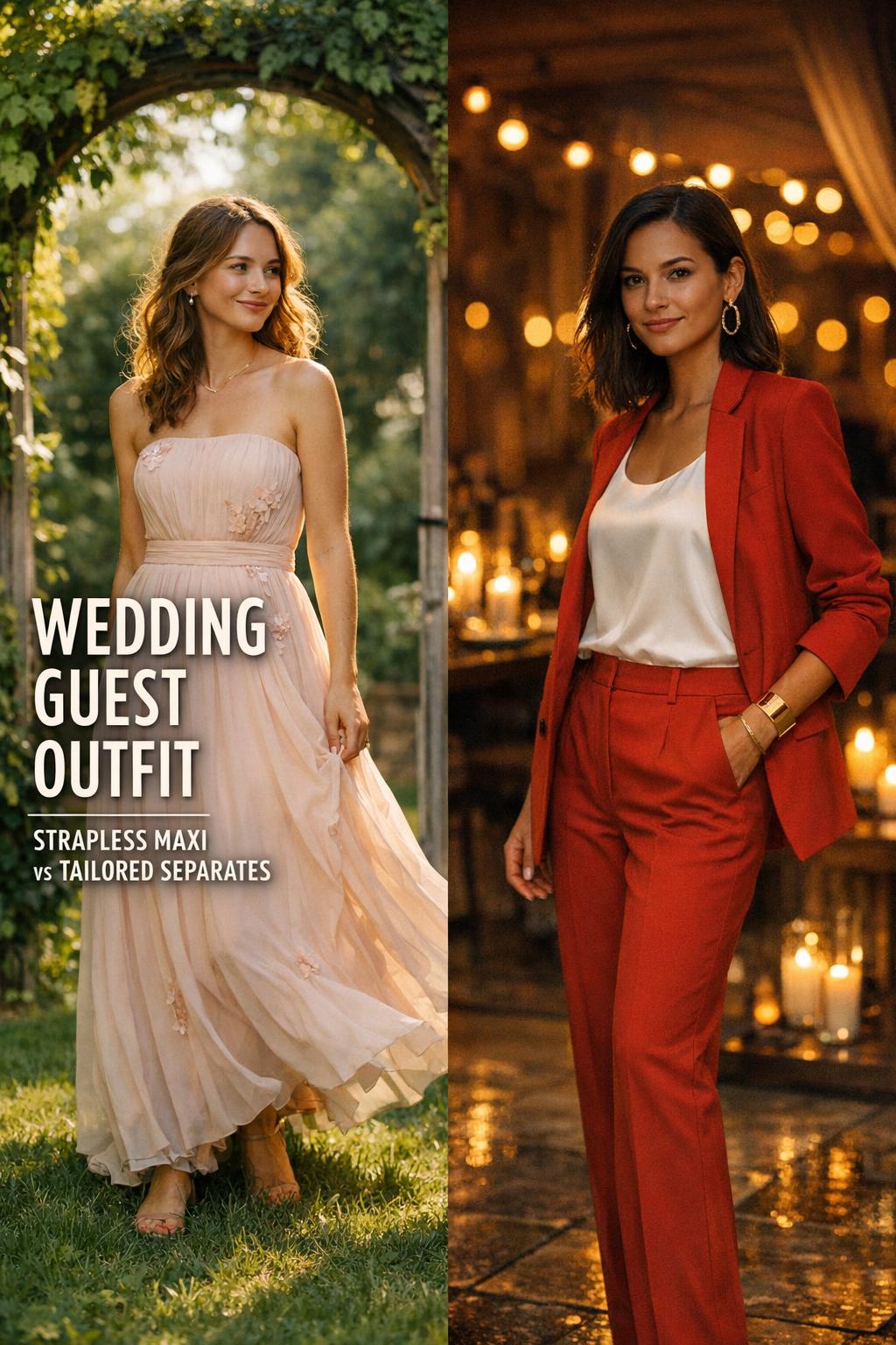 Wedding dress guest outfit guide featuring strapless maxi and tailored separates in a garden-to-city split scene