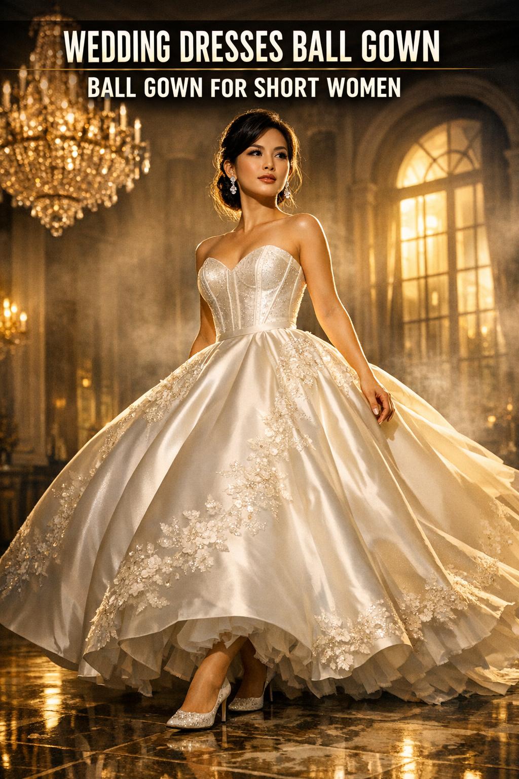 Elegant wedding dresses ball gown displayed in a bright bridal boutique showroom