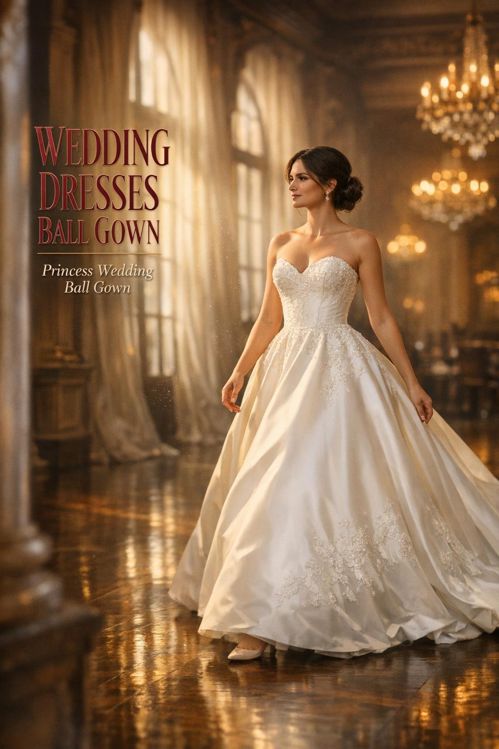 Wedding dresses ball gown bride walking in a historic ballroom with golden-hour light and mikado skirt, luxury editorial photo