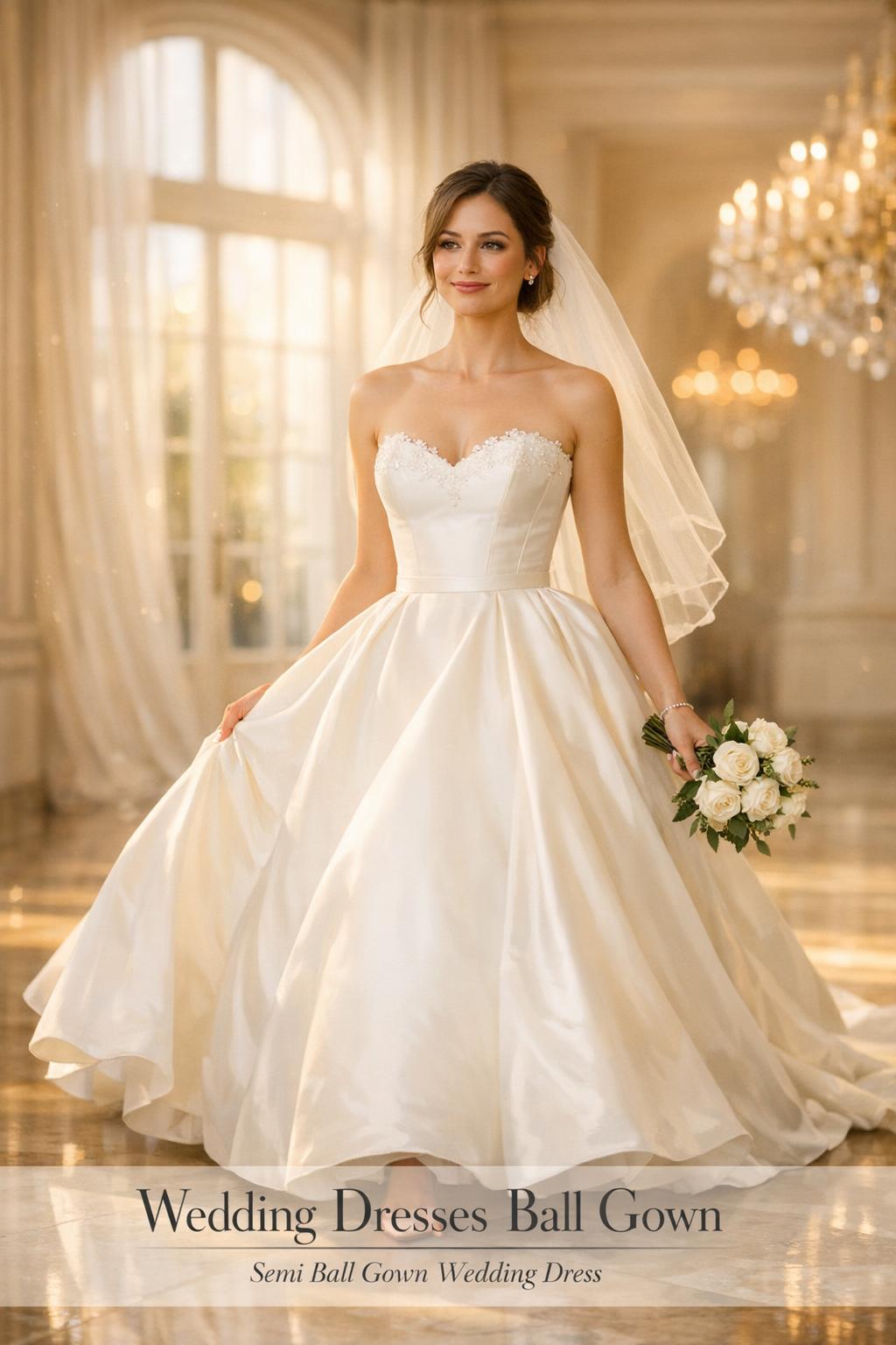 wedding dresses ball gown bride in ivory mikado ball gown walking in sunlit ballroom with veil and white rose bouquet
