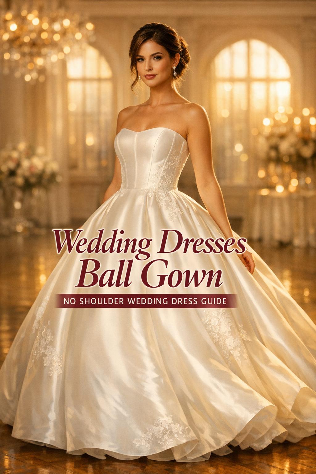 Wedding dresses ball gown on a modern bride in a sunlit ballroom, strapless bodice and full satin skirt in golden-hour light
