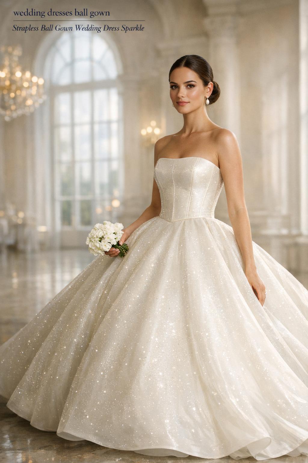wedding dresses ball gown bride in a strapless satin corset ball gown with subtle sparkle in a sunlit grand ballroom