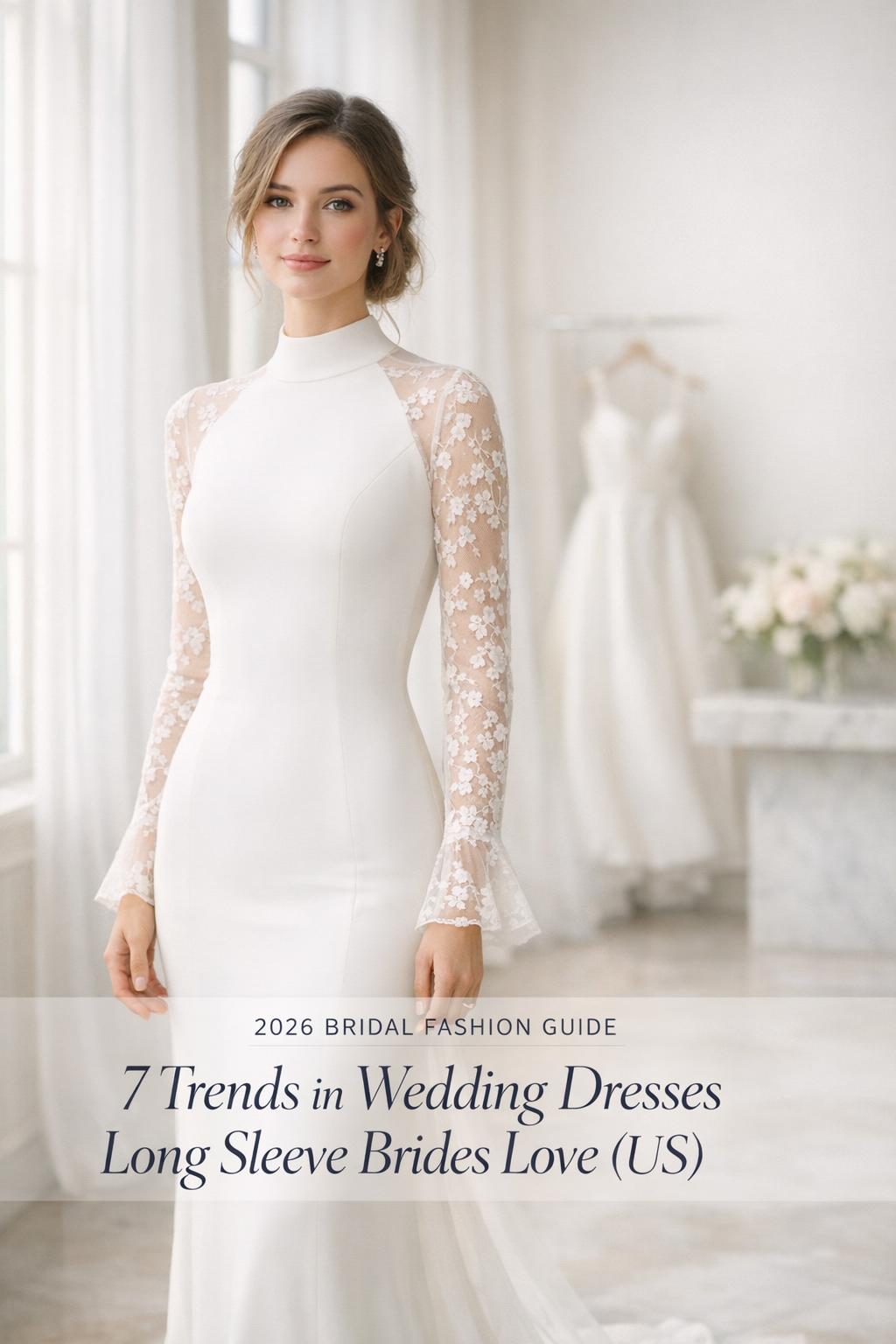 Wedding dresses long sleeve trends: modern bride in 2026 long-sleeve lace sheath gown in bright city hall with tall windows