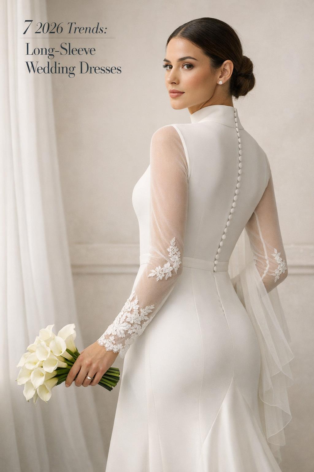 Bride in minimalist studio wearing wedding dresses long sleeve with mock neck and illusion lace sleeves, holding white tulips