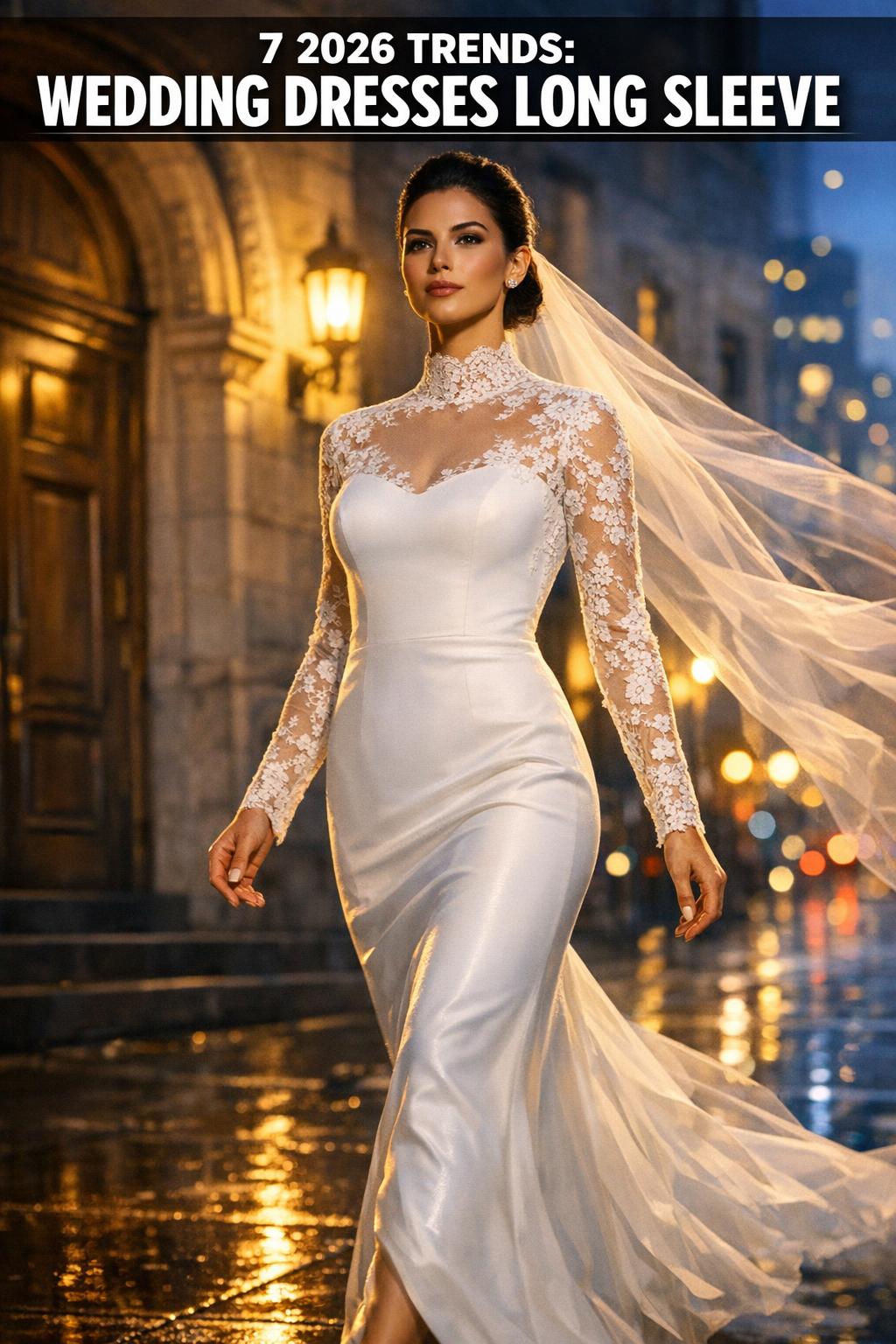 Bride in wedding dresses long sleeve standing in soft natural light, showing lace details and elegant silhouette