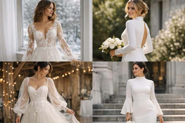 Bride in elegant wedding dresses long sleeve gown with lace illusion sleeves and fitted bodice in soft natural light