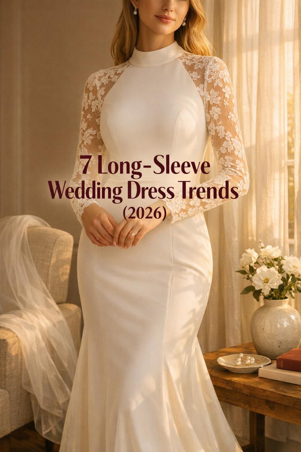 Wedding dresses long sleeve trends 2026 bride in minimalist crepe gown with illusion lace sleeves by a sunlit window