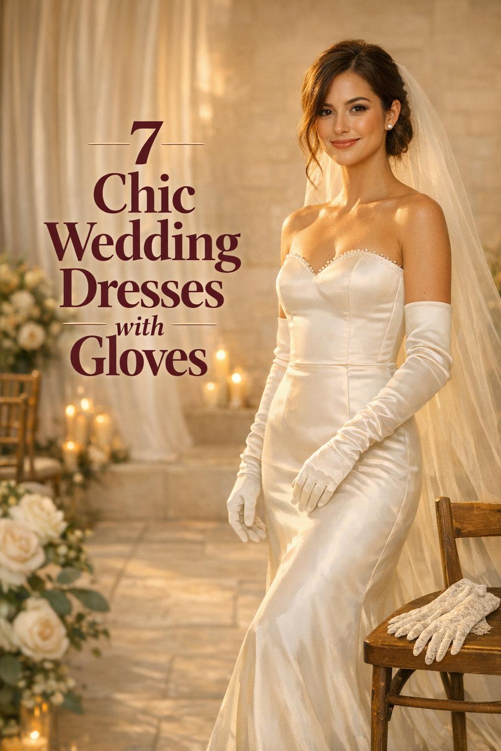 Bride in satin gown and opera gloves at golden-hour venue, with text overlay about wedding dresses with gloves