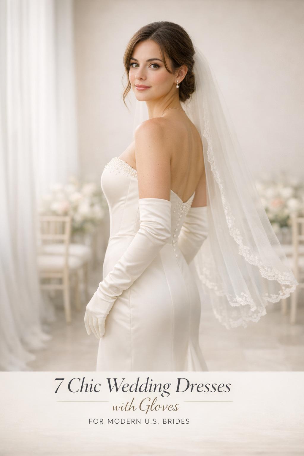 Modern U.S. bride in satin strapless gown and opera gloves, showcasing wedding dresses with gloves in airy studio light