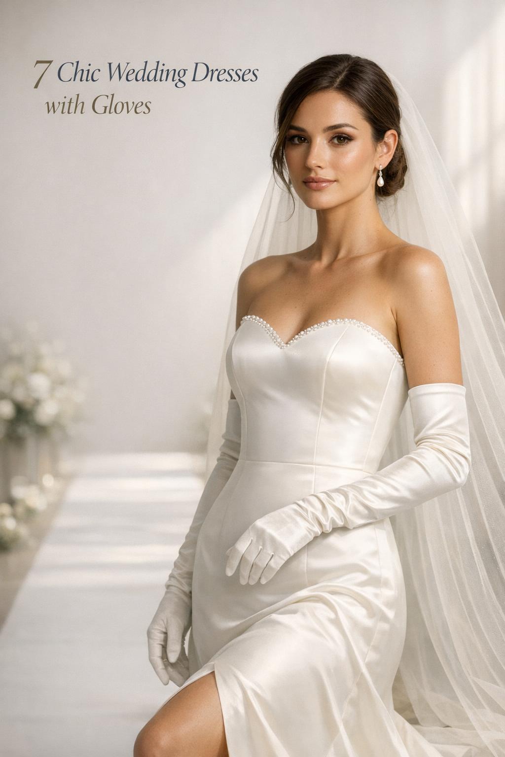 Bride in strapless satin gown and ivory opera gloves, editorial studio aisle scene for wedding dresses with gloves