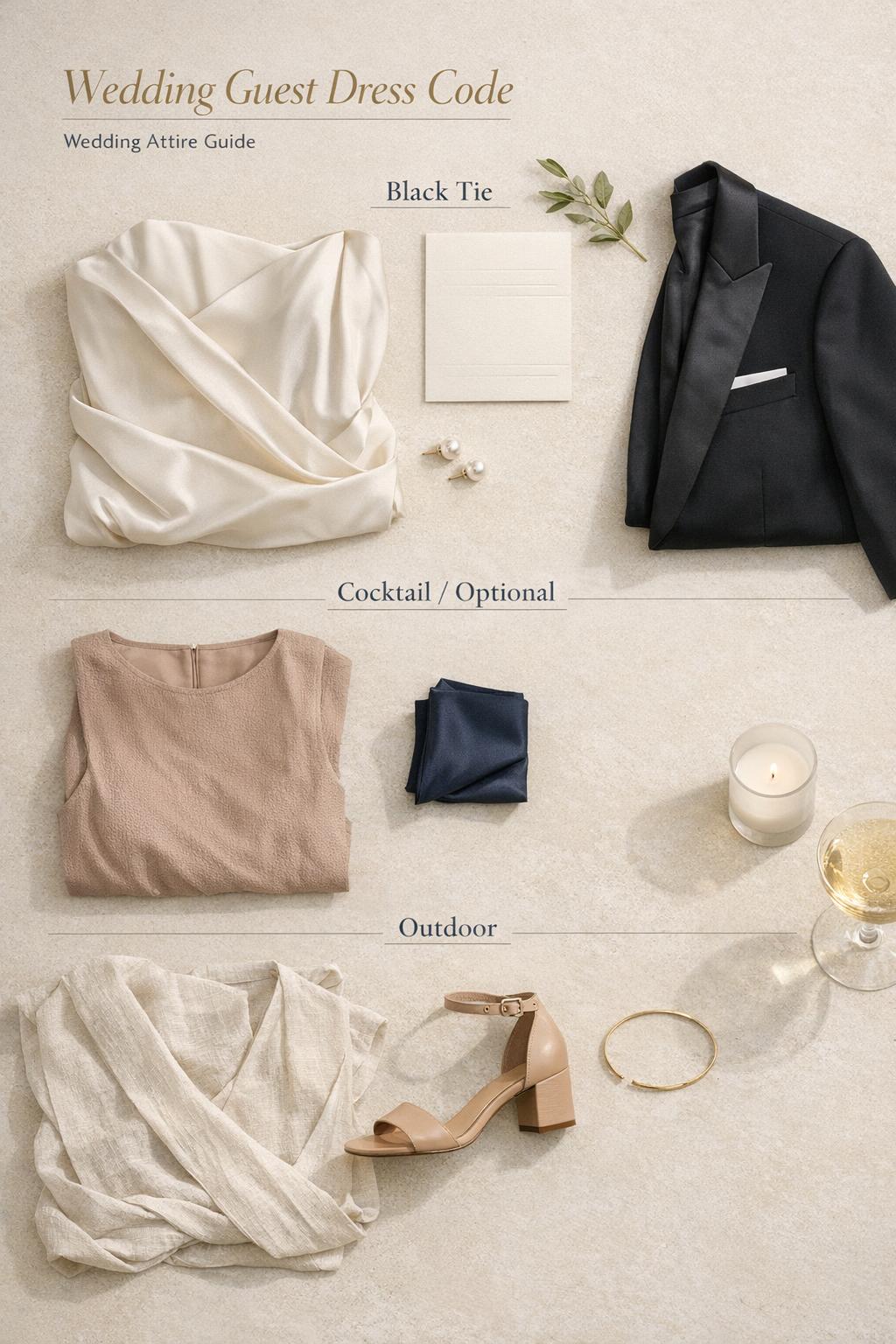 Wedding guest dress code flat lay with black tie, cocktail and outdoor attire capsules on neutral beige surface.
