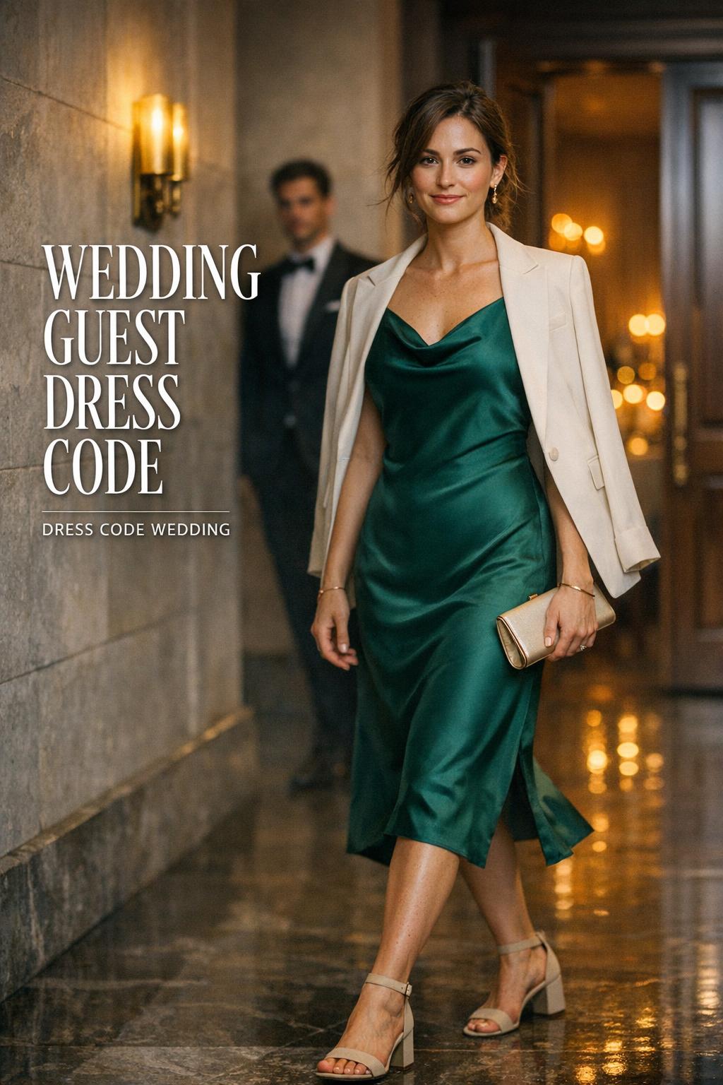Moody hotel corridor photo of stylish guest in satin midi dress with wedding guest dress code text overlay