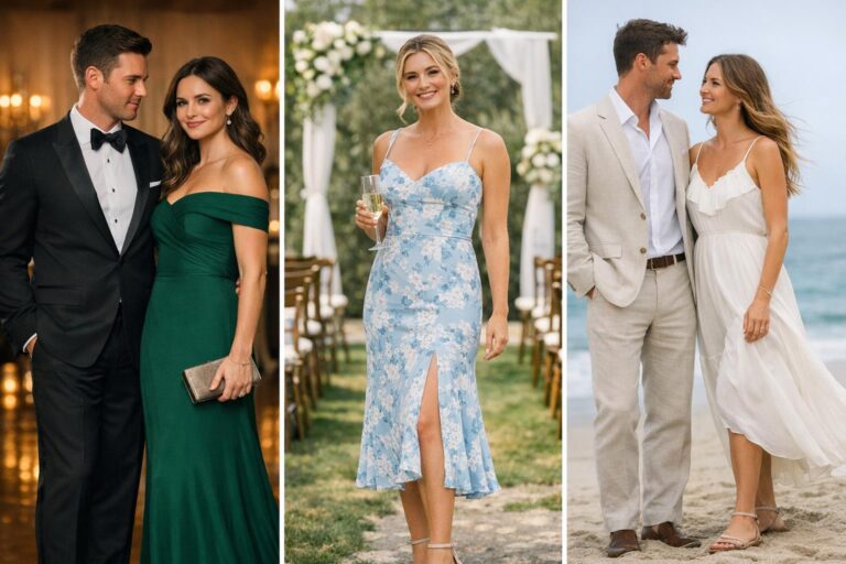 Wedding guest dress code guide with elegant dresses, suit, heels, and clutch laid out for venue and season styling