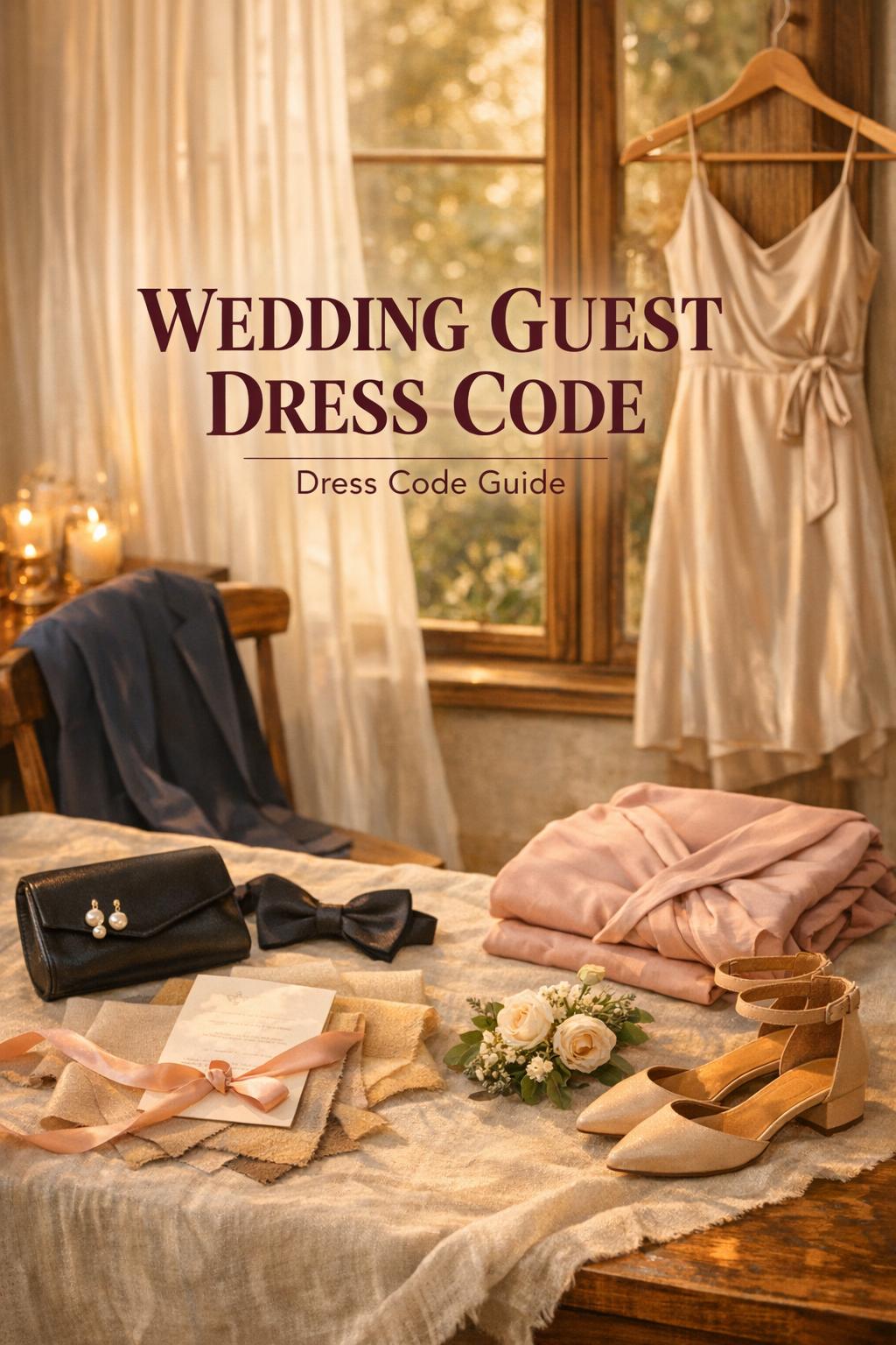Wedding guest dress code style planning on a linen table with dresses, suit, accessories, and invitation in warm golden light