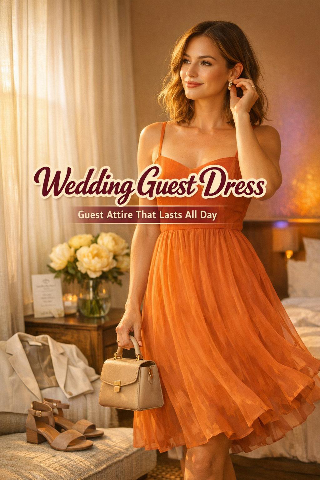 Wedding guest dress in orange chiffon, woman getting ready by a hotel window at golden hour with bag and earrings