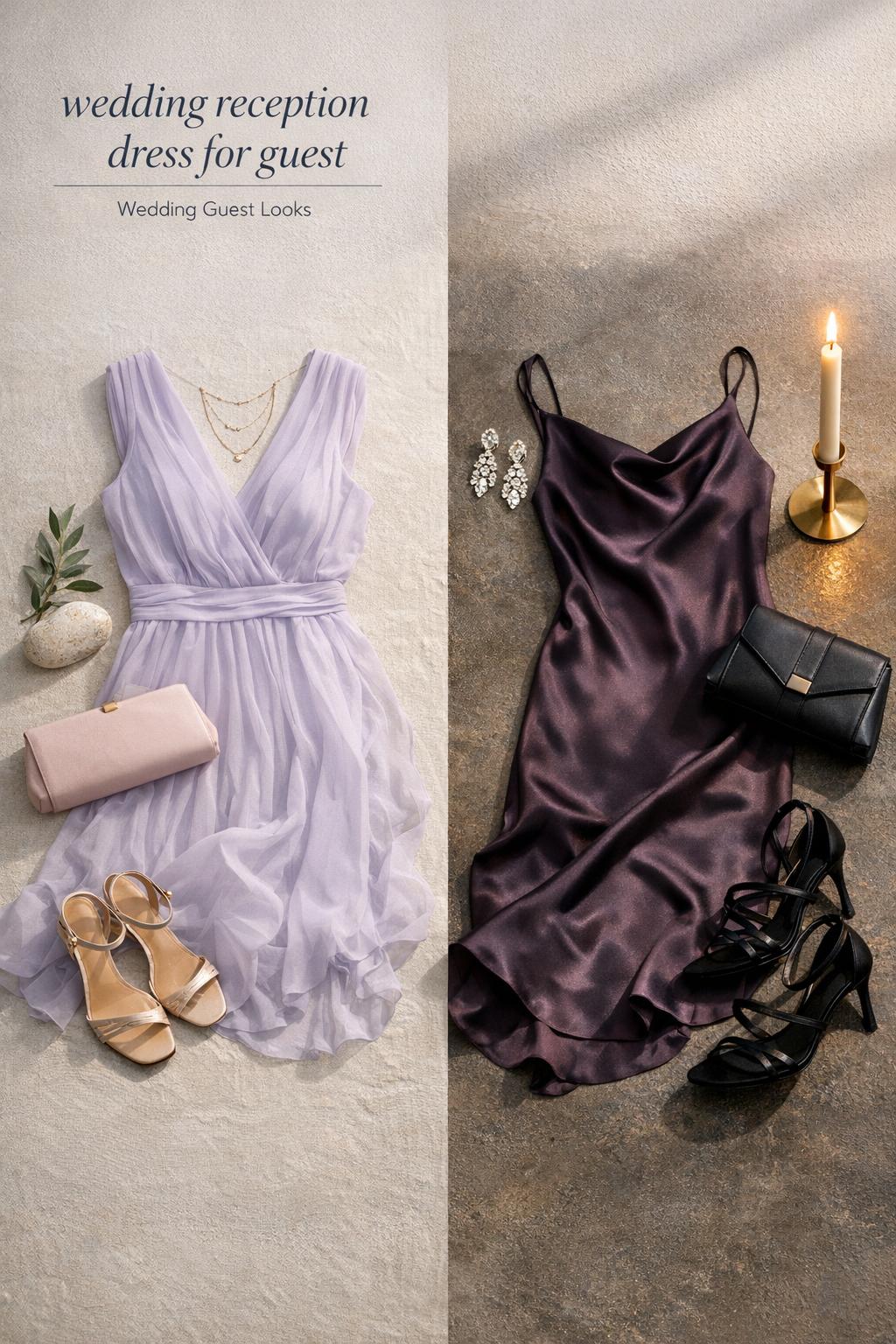 Wedding reception dress for guest flat lay with lavender ceremony look and navy reception outfit, jewelry, clutches, heels