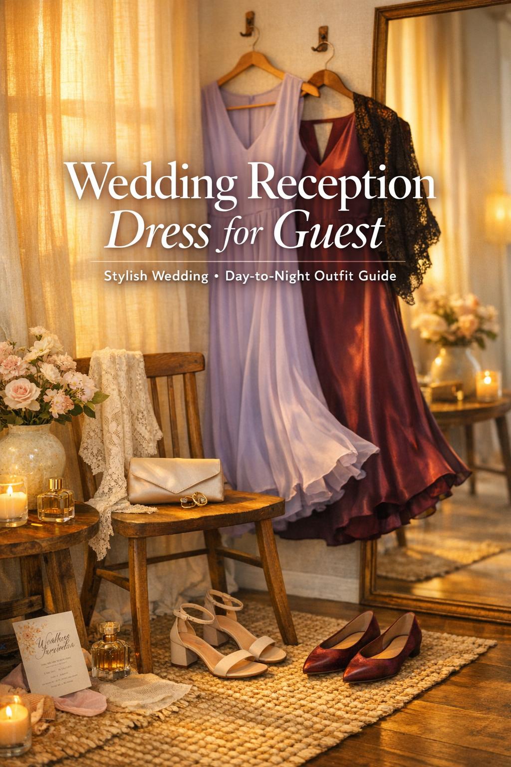 Wedding reception dress for guest outfits in a golden-hour hotel corner with mirror, pastel chiffon and satin dress, heels and clutch.