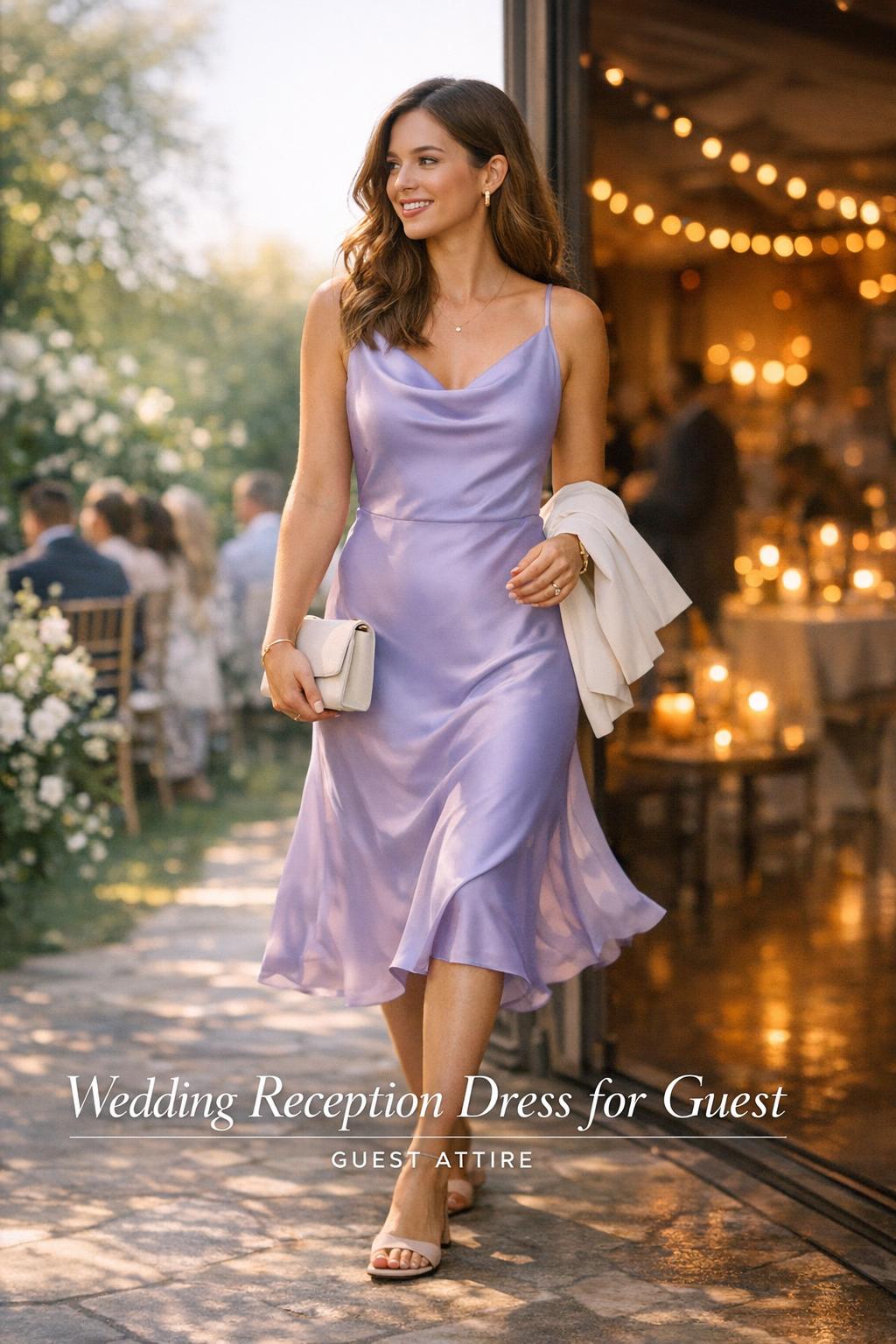 Stylish woman in lavender satin midi wedding reception dress for guest, stepping from garden ceremony into candlelit reception