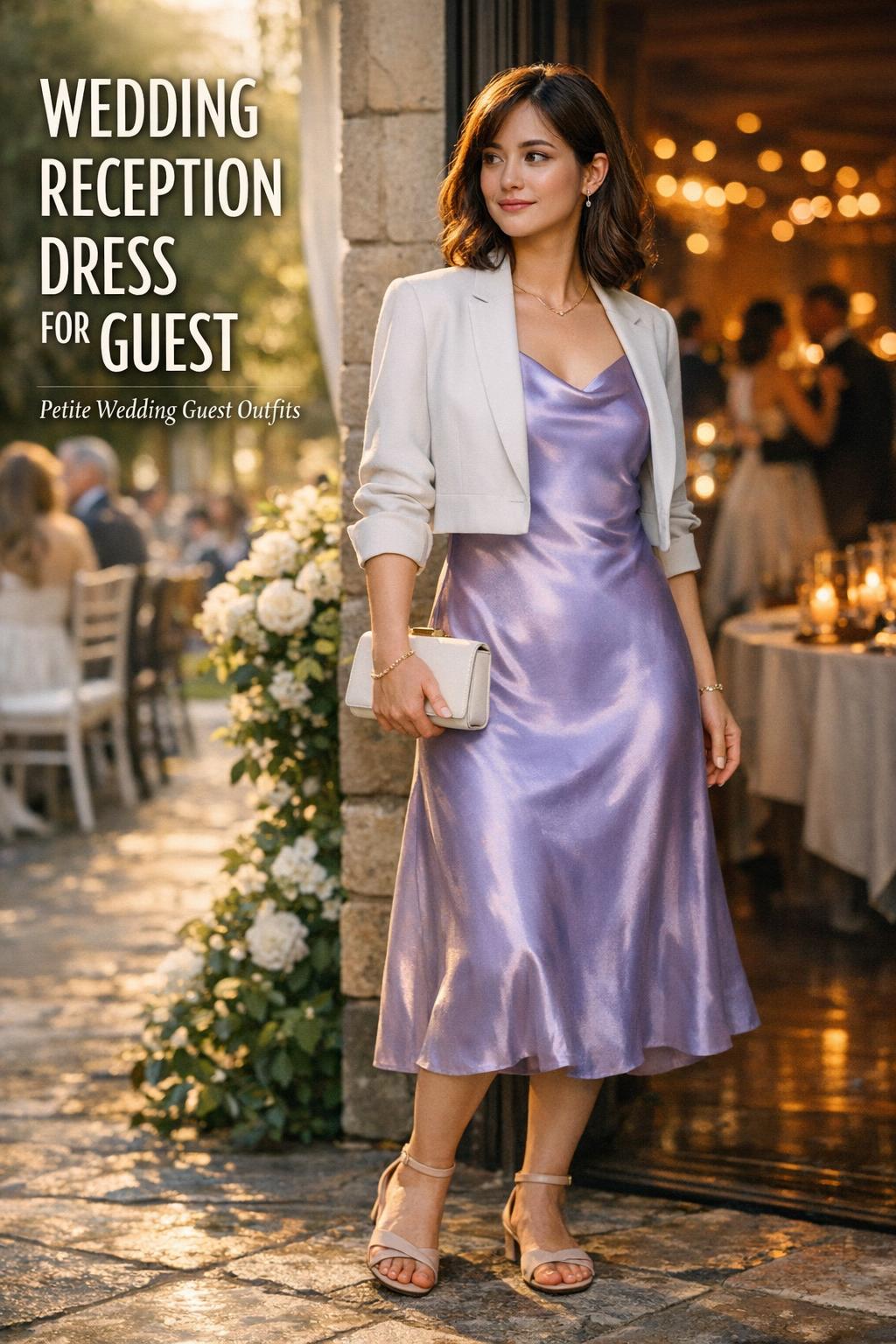 Petite woman in lavender satin wedding reception dress for guest, transitioning from garden ceremony to candlelit reception hallway