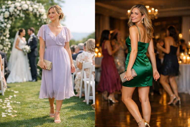 Wedding reception dress for guest in a satin midi, styled with heels and clutch, ready for dancing under warm lights