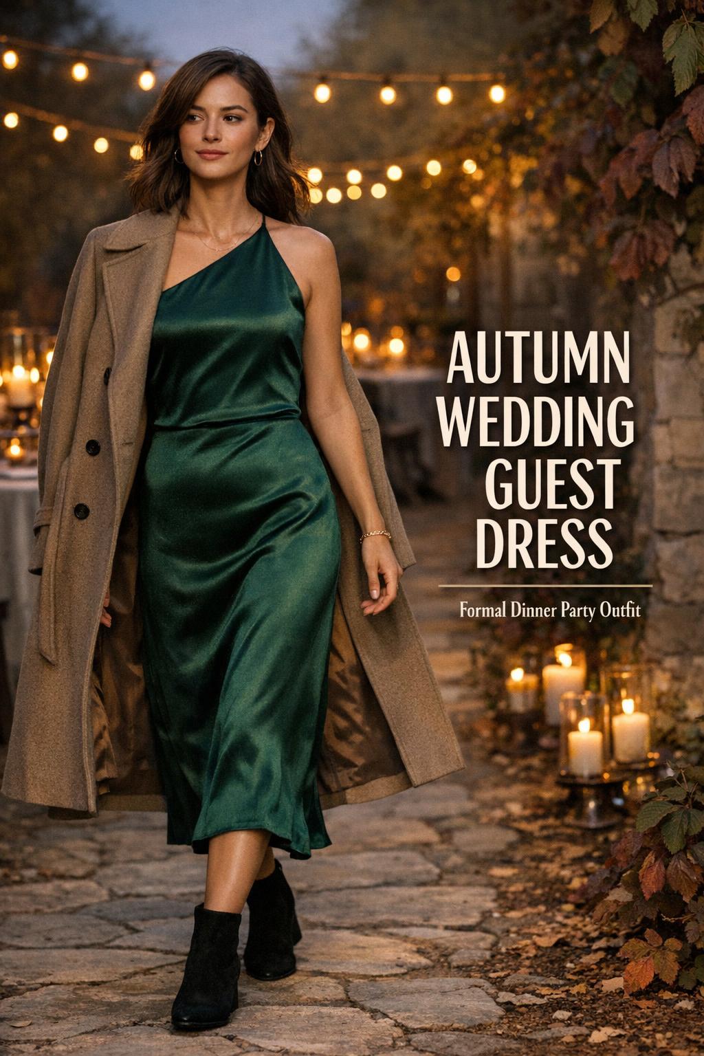 Autumn wedding guest dress in deep burgundy satin with wrap coat, walking through candlelit vineyard at golden hour