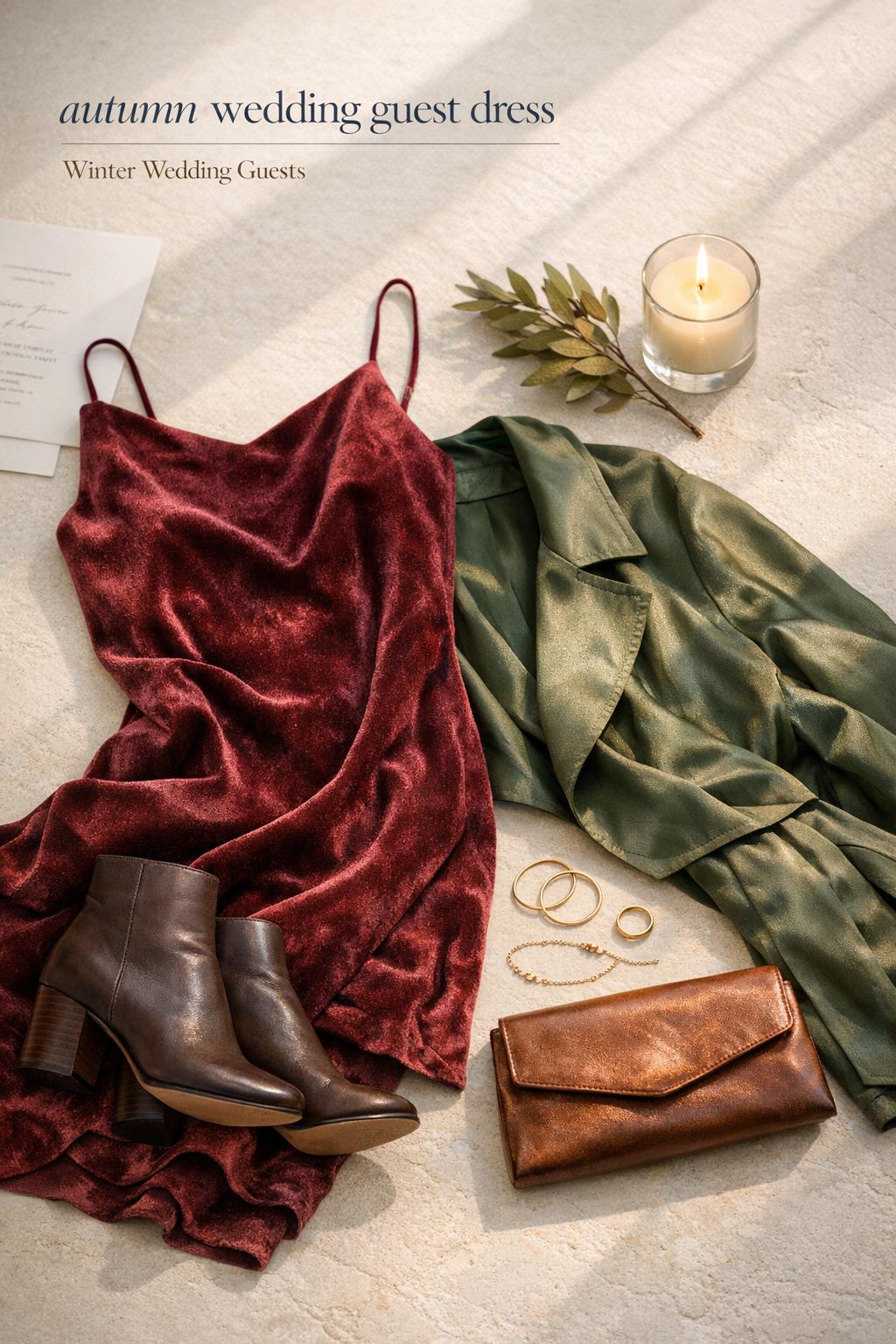 Autumn wedding guest dress flat lay with burgundy velvet midi, green satin wrap, taupe boots, gold jewelry and rust clutch