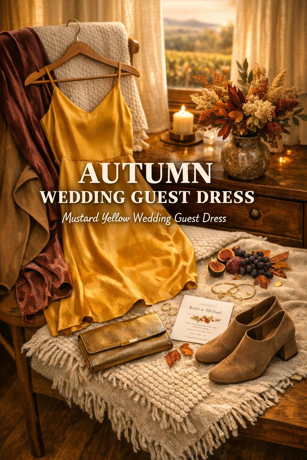 Autumn wedding guest dress flat lay with mustard yellow midi dress, burgundy wrap, boots, jewelry, and invitation in warm light