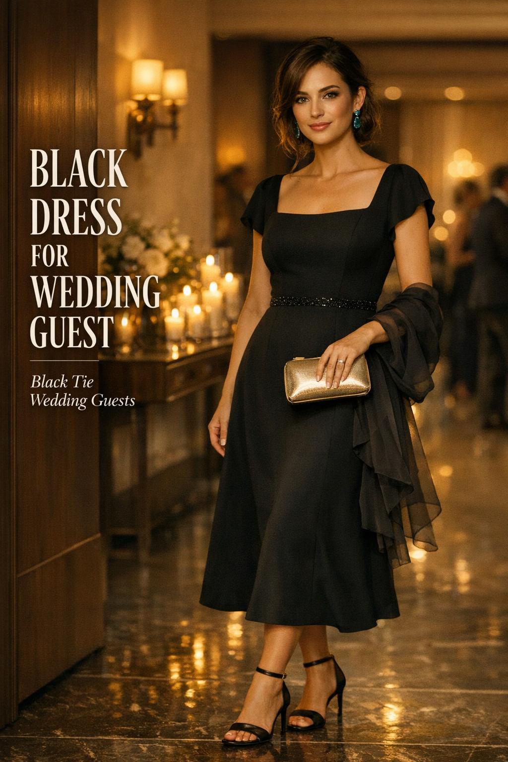 Stylish woman in a black dress for wedding guest holding gold clutch in a candlelit ballroom foyer, black-tie vibe