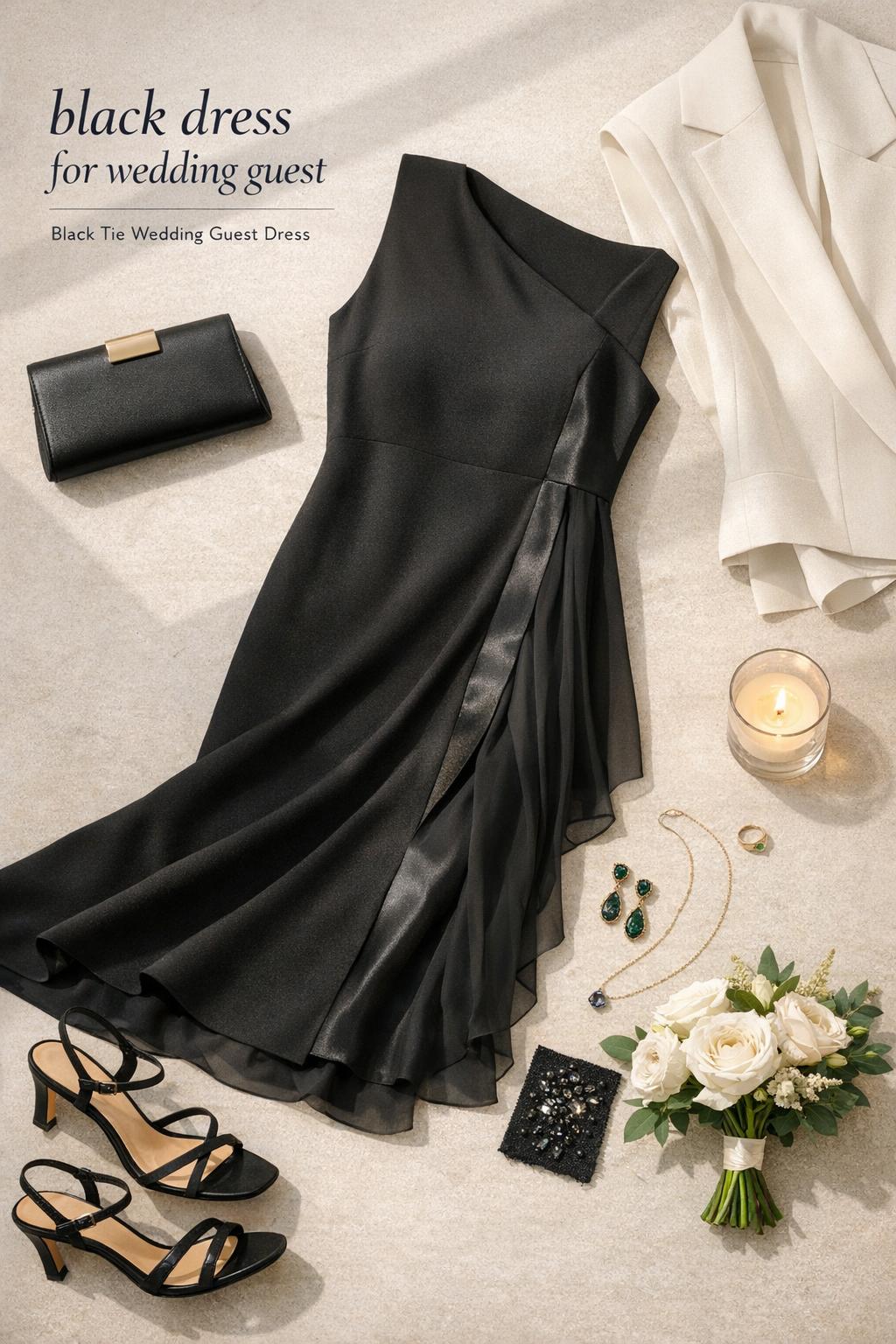 Black dress for wedding guest flat lay with clutch, heels, jewelry, bouquet, and candle on warm beige linen