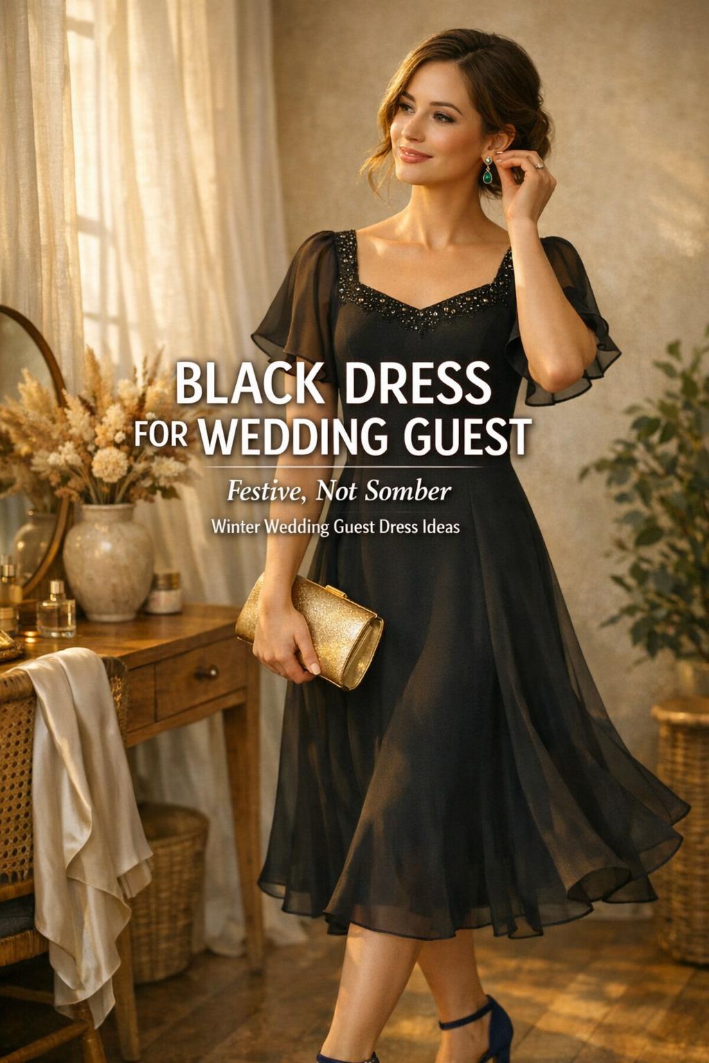 Black dress for wedding guest getting ready in warm golden-hour room, holding gold clutch with elegant accessories