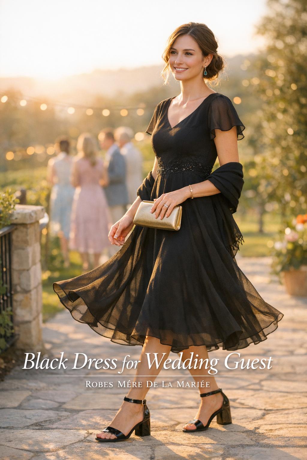 Black dress for wedding guest in a golden-hour vineyard wedding, stylish woman in chic midi dress holding a gold clutch