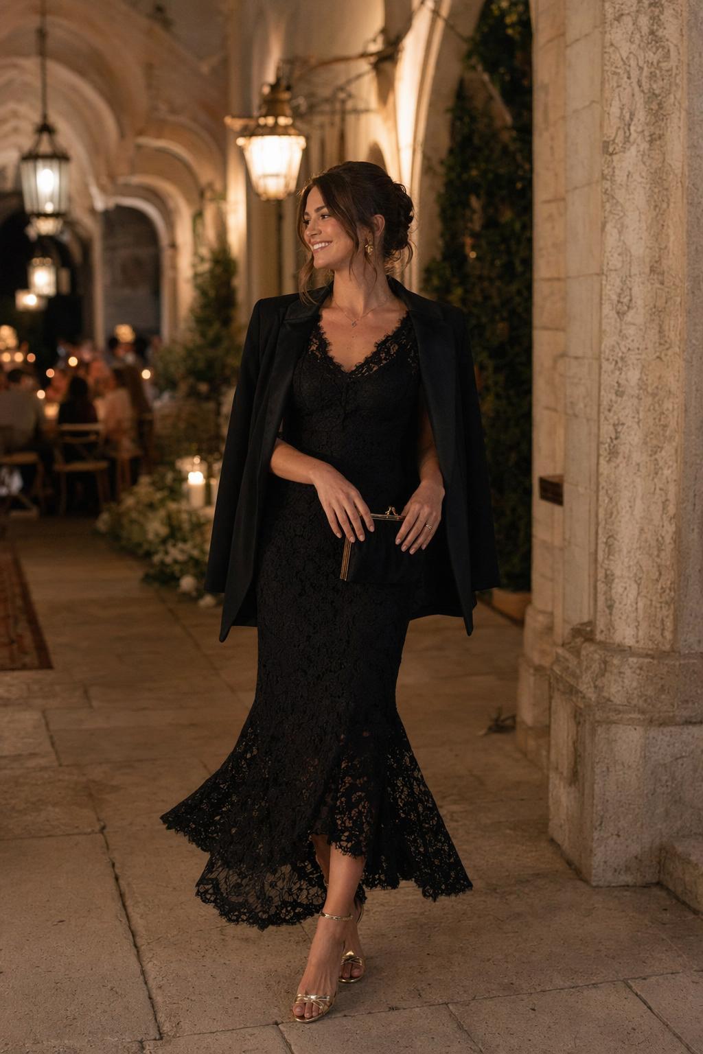 Elegant woman in a black dress wedding guest look wearing a luxury black lace evening dress at an upscale wedding
