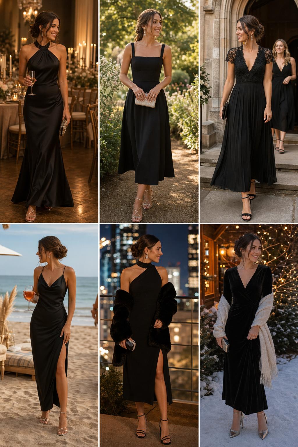 Black dress wedding guest editorial with elegant satin halter and seasonal wedding styling looks