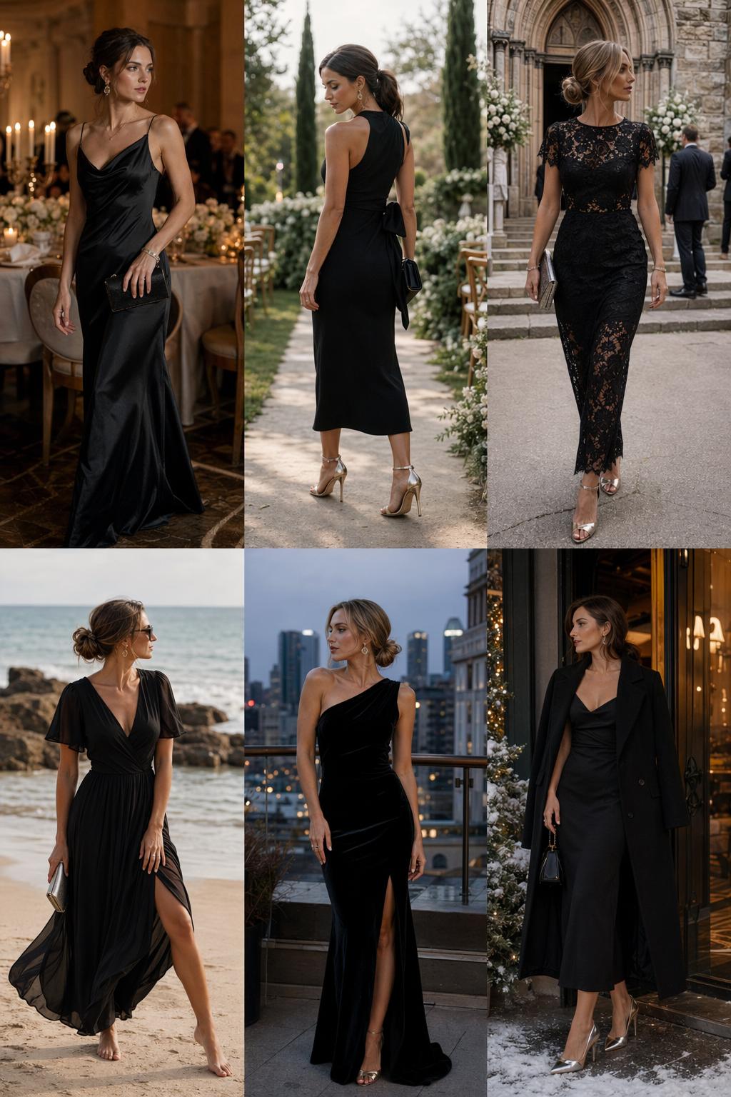 Elegant black dress wedding guest looks styled for ballroom, garden, beach, church, city, and winter venues