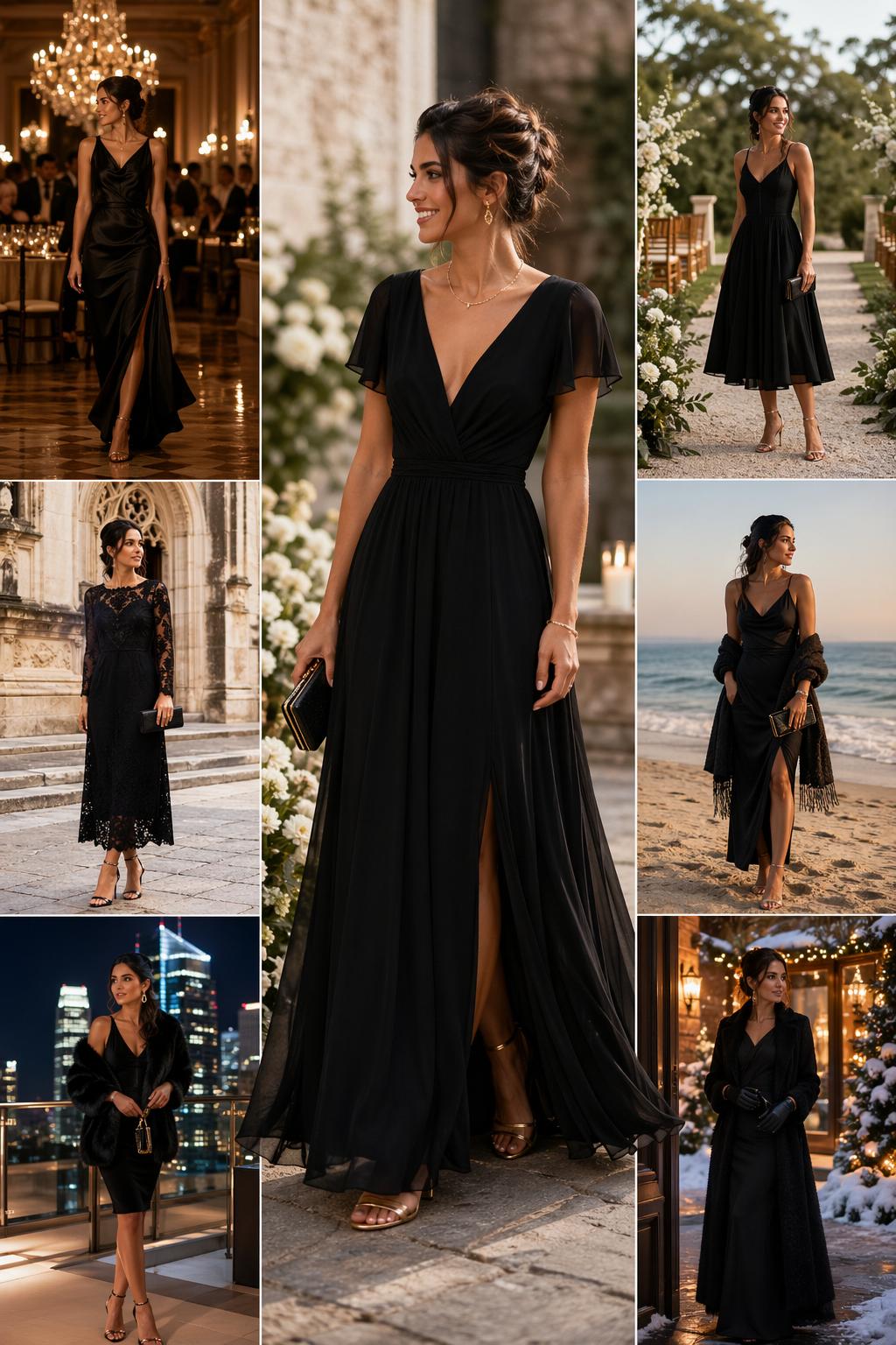 Elegant wedding guest wearing a black dress at a stylish outdoor ceremony