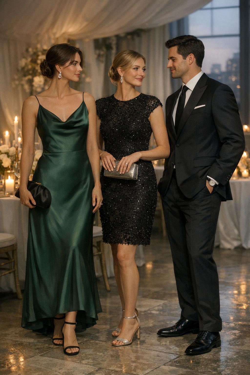 Black tie optional wedding guest dress styled in a candlelit ballroom with elegant formalwear and luxe details