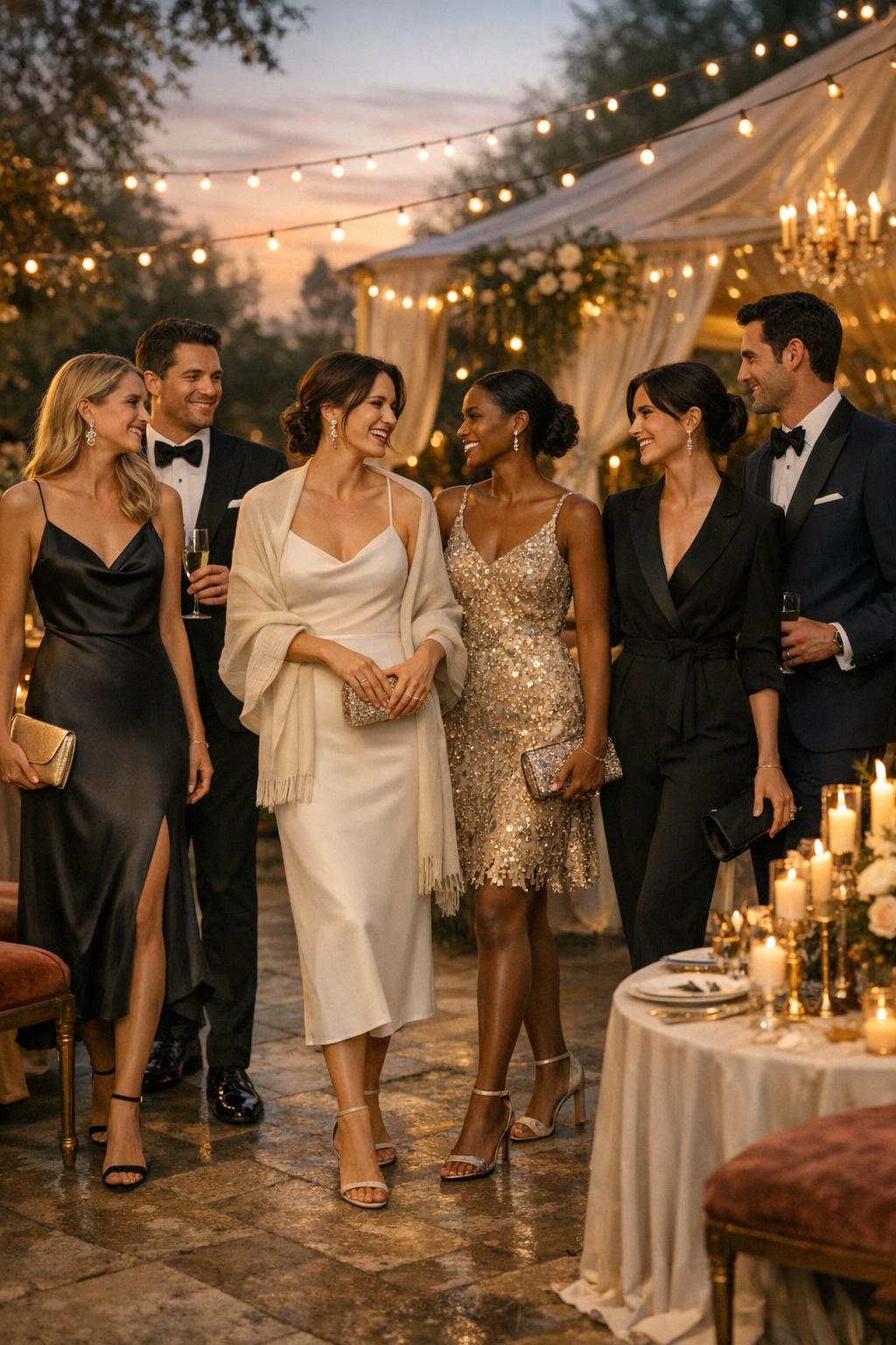 Black tie optional wedding guest dress styles at an elegant candlelit garden ballroom reception