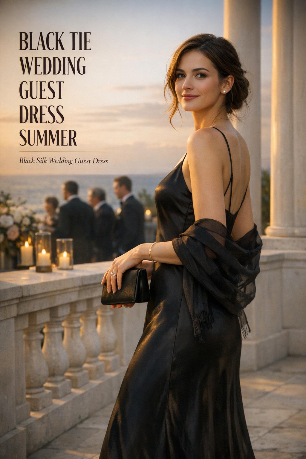 Elegant woman in black silk slip dress on coastal terrace at golden hour, black tie wedding guest dress summer