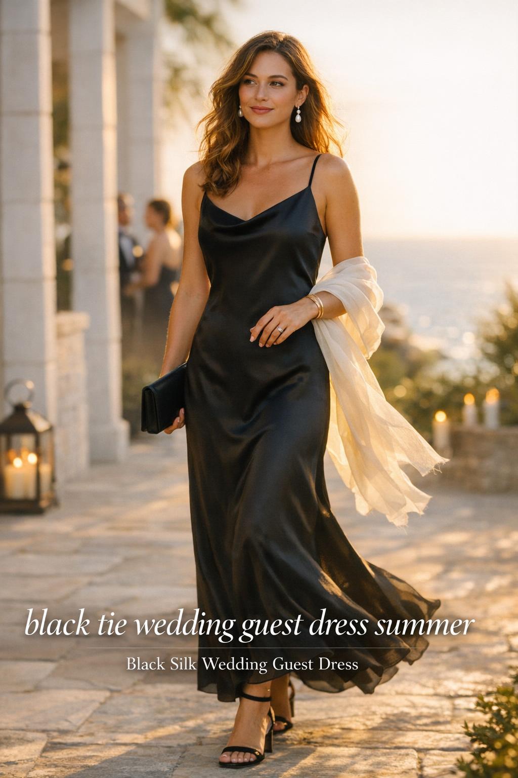 black tie wedding guest dress summer in black silk slip gown, woman arriving at coastal terrace wedding at golden hour